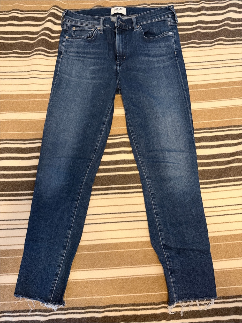 Agolde Dark Blue High-Rise Ankle Crop Jeans with Raw Hem